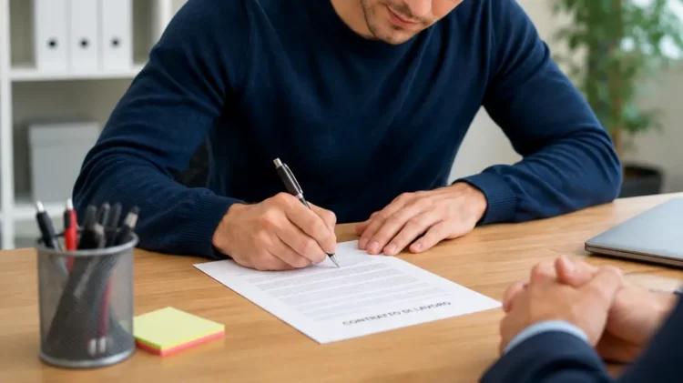 Giovane lavoratore firma un contratto di lavoro durante un colloquio in ufficio, seduto davanti al responsabile delle assunzioni.