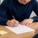 Giovane lavoratore firma un contratto di lavoro durante un colloquio in ufficio, seduto davanti al responsabile delle assunzioni.