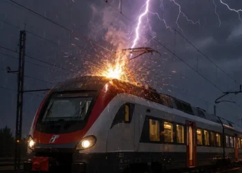 Un treno passeggeri viene colpito da un fulmine durante un forte temporale notturno, con pioggia intensa e scintille sul tetto del convoglio
