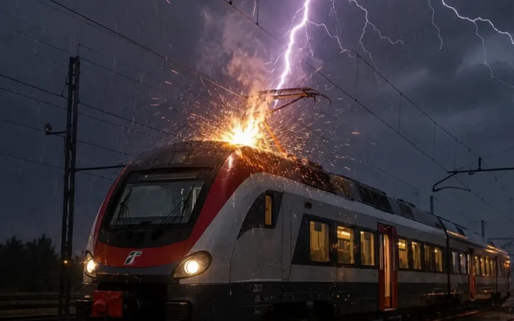 Un treno passeggeri viene colpito da un fulmine durante un forte temporale notturno, con pioggia intensa e scintille sul tetto del convoglio