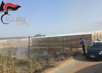 Un carabiniere documenta un'area con rifiuti agricoli bruciati accanto a serre nella contrada Dirillo, a Vittoria, durante un controllo contro il fenomeno delle fumarole