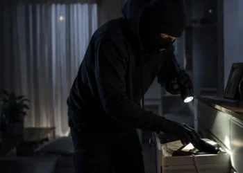 Figura incappucciata con passamontagna e guanti neri rovista in un cassetto al buio tenendo una torcia elettrica