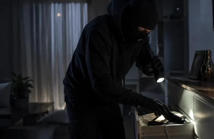 Figura incappucciata con passamontagna e guanti neri rovista in un cassetto al buio tenendo una torcia elettrica