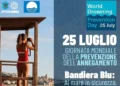 Locandina del World Drowning Prevention Day del 25 luglio a Marina di Modica con una bagnina in torretta di avvistamento e il richiamo alla Giornata mondiale della prevenzione dell'annegamento promossa nei Comuni Bandiera Blu.