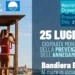 Locandina del World Drowning Prevention Day del 25 luglio a Marina di Modica con una bagnina in torretta di avvistamento e il richiamo alla Giornata mondiale della prevenzione dell'annegamento promossa nei Comuni Bandiera Blu.