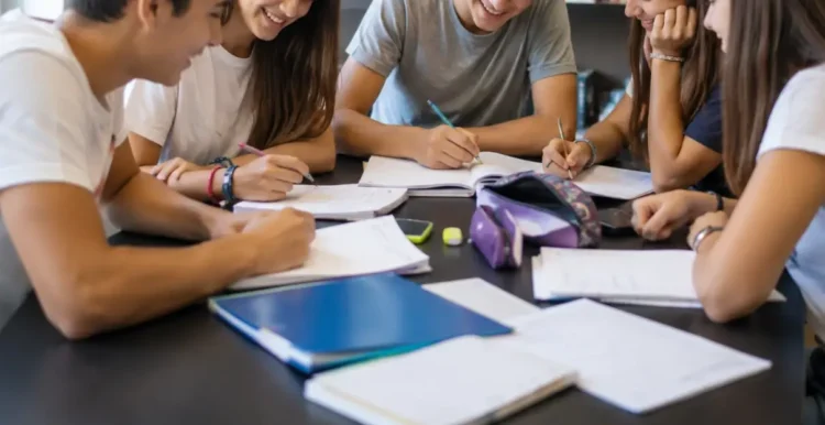 Un gruppo di adolescenti studia e lavora insieme attorno a un tavolo in uno spazio educativo, immagine rappresentativa del progetto finanziato dal Distretto Socio-Sanitario 44 per i giovani.