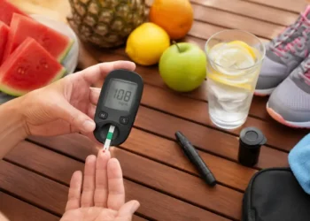 Persona che misura la glicemia con un glucometro accanto a frutta fresca, un bicchiere d'acqua con limone e scarpe da ginnastica, simboli di idratazione, alimentazione sana e attività fisica durante l'estate.