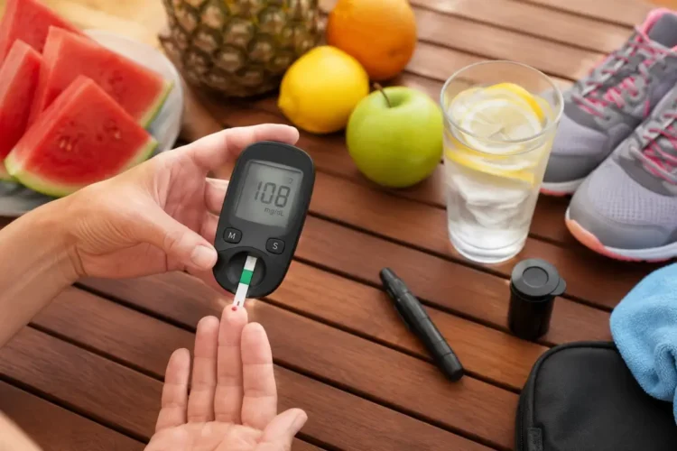 Persona che misura la glicemia con un glucometro accanto a frutta fresca, un bicchiere d'acqua con limone e scarpe da ginnastica, simboli di idratazione, alimentazione sana e attività fisica durante l'estate.