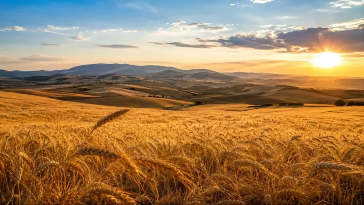Campo di grano dorato nell'entroterra della Sicilia al tramonto con colline agricole sullo sfondo