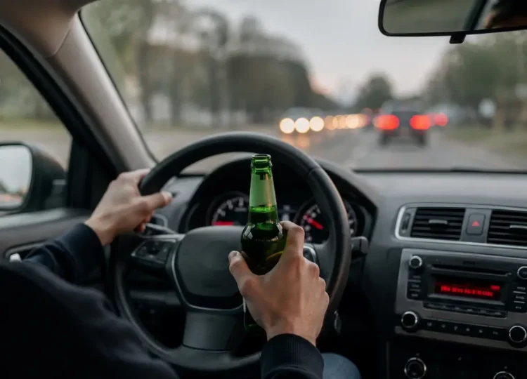 Mani al volante di un'auto in marcia: la sinistra regge una bottiglia di birra verde, la destra impugna il volante