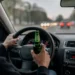 Mani al volante di un'auto in marcia: la sinistra regge una bottiglia di birra verde, la destra impugna il volante