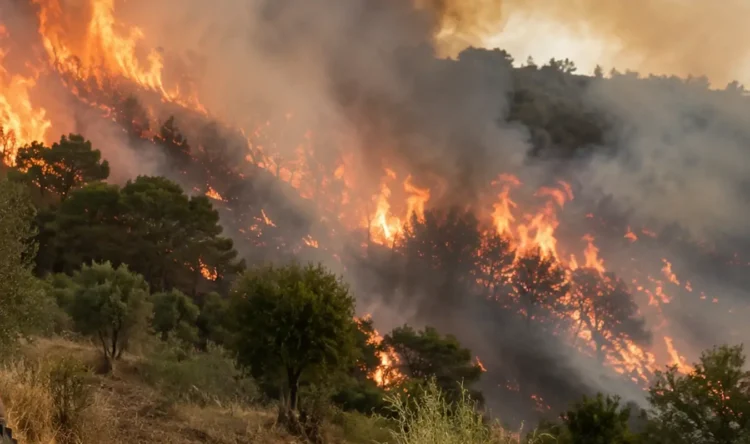 Vasto incendio in un'area collinare della Sicilia, con alte fiamme e una densa colonna di fumo che avvolgono alberi e vegetazione