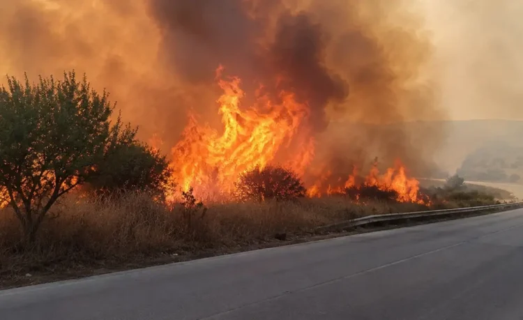 Incendio di vegetazione lungo la statale 514 a Chiaramonte Gulfi con fiamme e fumo a ridosso della carreggiata.