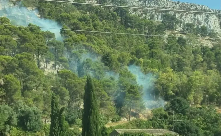 Fumo tra gli alberi della collina di Monserrato a Modica durante le operazioni di bonifica dell'incendio
