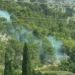 Fumo tra gli alberi della collina di Monserrato a Modica durante le operazioni di bonifica dell'incendio