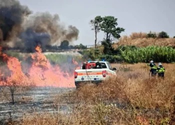 Vigili del fuoco e Protezione Civile impegnati nello spegnimento di un vasto incendio di sterpaglie a Santa Croce Camerina, con alte fiamme e una densa colonna di fumo.
