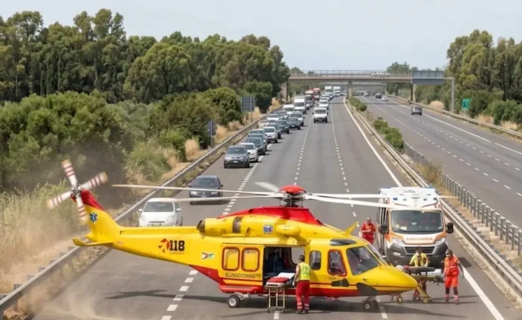 Elisoccorso 118 atterrato sulla A18 con soccorritori e ambulanza durante le operazioni di emergenza dopo un incidente.