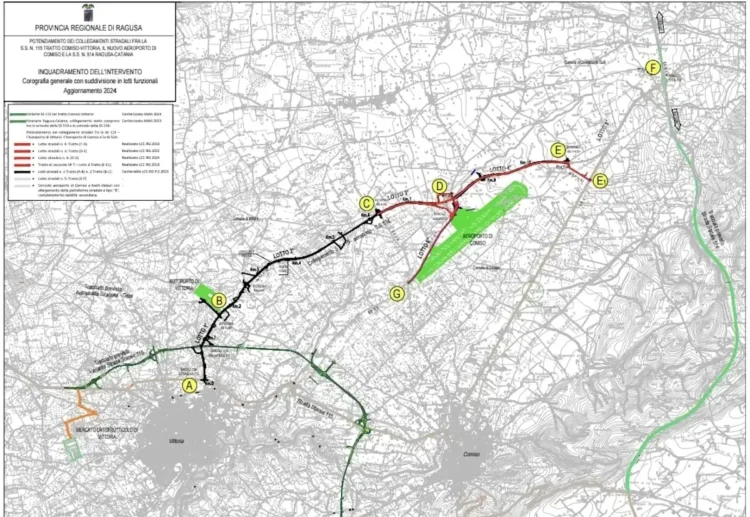 Mappa del progetto di potenziamento della viabilità tra la SS 115, l'aeroporto di Comiso e la SS 514 Ragusa-Catania con il tracciato dei lotti funzionali.