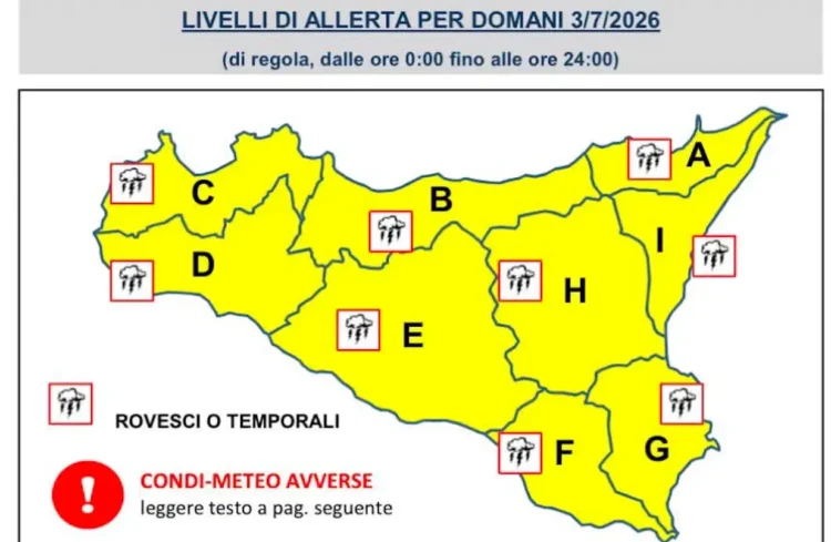 Mappa della Sicilia con allerta meteo gialla e simboli di temporali prevista per il 3 luglio 2026