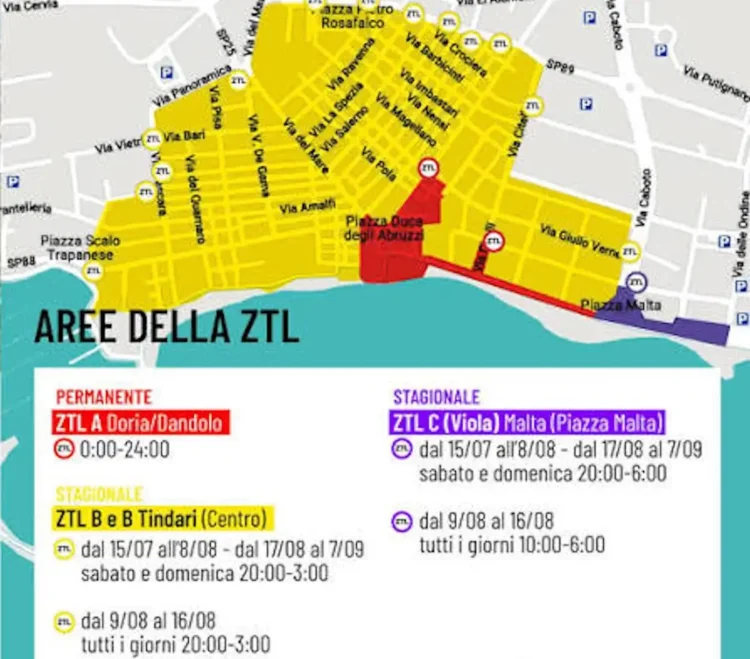 Mappa delle Zone a Traffico Limitato (ZTL) di Marina di Ragusa con le aree permanenti e stagionali evidenziate a colori, gli orari di attivazione e i principali varchi di accesso