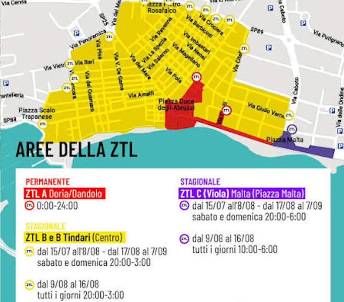 Mappa delle Zone a Traffico Limitato (ZTL) di Marina di Ragusa con le aree permanenti e stagionali evidenziate a colori, gli orari di attivazione e i principali varchi di accesso