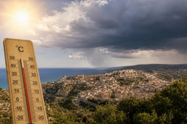 Termometro in primo piano mostra temperature oltre 35°C con panorama di Ragusa Ibla sullo sfondo e nuvole temporalesche