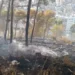 Area boschiva bruciata sulla collina di Monserrato a Modica dopo l'incendio, con focolai in fase di bonifica e la città sullo sfondo