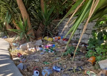 Rifiuti sparsi tra la vegetazione nell'area verde del quartiere Dente a Modica, oggetto della denuncia del Movimento 5 Stelle per degrado e mancata manutenzione.