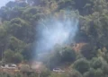 Colonna di fumo tra gli alberi della collina di Monserrato a Modica, dove Vigili del Fuoco e Corpo Forestale presidiano l'area dopo alcune riprese dell'incendio.