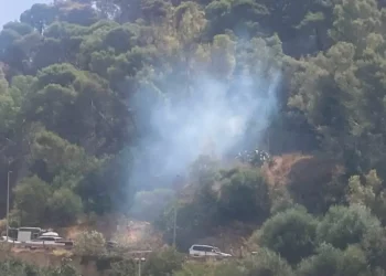 Colonna di fumo tra gli alberi della collina di Monserrato a Modica, dove Vigili del Fuoco e Corpo Forestale presidiano l'area dopo alcune riprese dell'incendio.