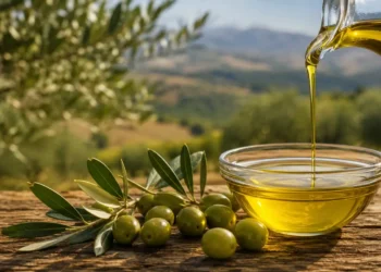 Ciotola di olio extravergine d'oliva con olive verdi e rami d'ulivo su un tavolo rustico in legno, immagine rappresentativa della produzione olearia siciliana.