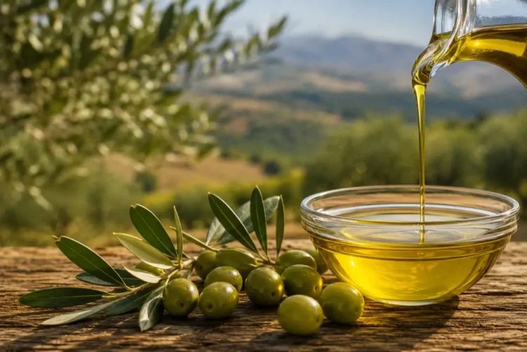 Ciotola di olio extravergine d'oliva con olive verdi e rami d'ulivo su un tavolo rustico in legno, immagine rappresentativa della produzione olearia siciliana.