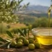 Ciotola di olio extravergine d'oliva con olive verdi e rami d'ulivo su un tavolo rustico in legno, immagine rappresentativa della produzione olearia siciliana.