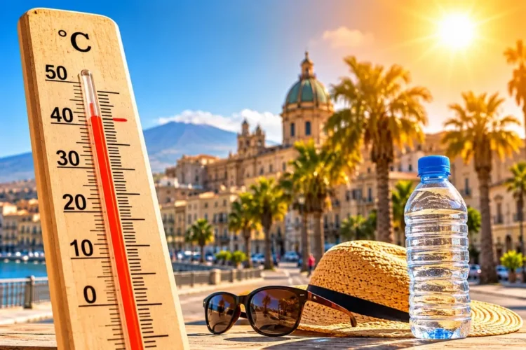 Termometro che segna oltre 40 gradi davanti a un paesaggio urbano siciliano illuminato dal sole, simbolo dell'ondata di calore e del rischio incendi