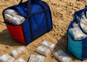 Due borse piene di pacchi di banconote avvolti nel cellophane appoggiate sulla sabbia con altri pacchi sparsi intorno