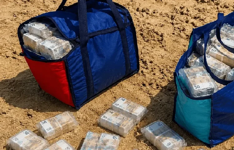 Due borse piene di pacchi di banconote avvolti nel cellophane appoggiate sulla sabbia con altri pacchi sparsi intorno