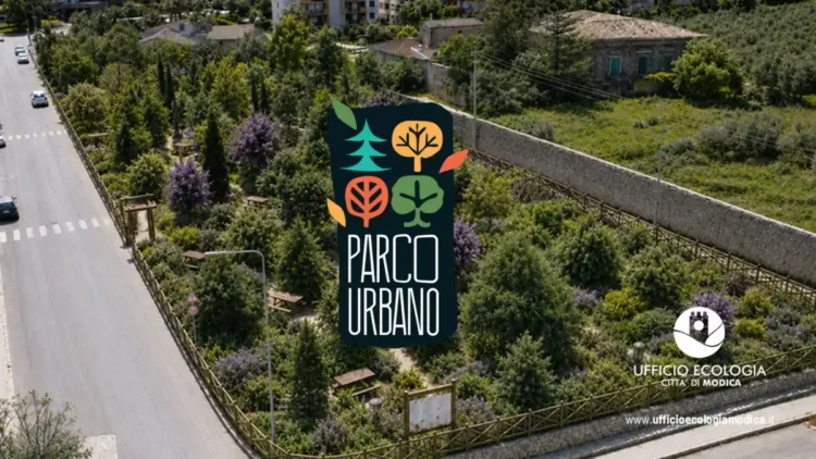 Rendering del Parco Urbano delle Quattro Stagioni nel quartiere Sorda a Modica, con alberi, percorsi pedonali e aree verdi previste dal progetto