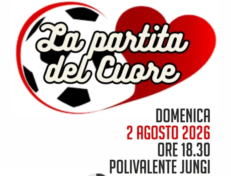 Locandina della Partita del Cuore con pallone da calcio e cuore rosso: domenica 2 agosto 2026, ore 18.30, Polivalente Jungi