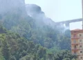 Fumo che si alza dalla pineta di Monserrato a Modica durante l'incendio boschivo, con il viadotto e alcuni edifici sullo sfondo