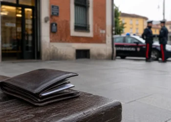 Portafogli ritrovato nei pressi della stazione ferroviaria di Guastalla con una pattuglia dei carabinieri sullo sfondo.