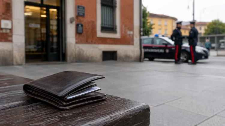 Portafogli ritrovato nei pressi della stazione ferroviaria di Guastalla con una pattuglia dei carabinieri sullo sfondo.