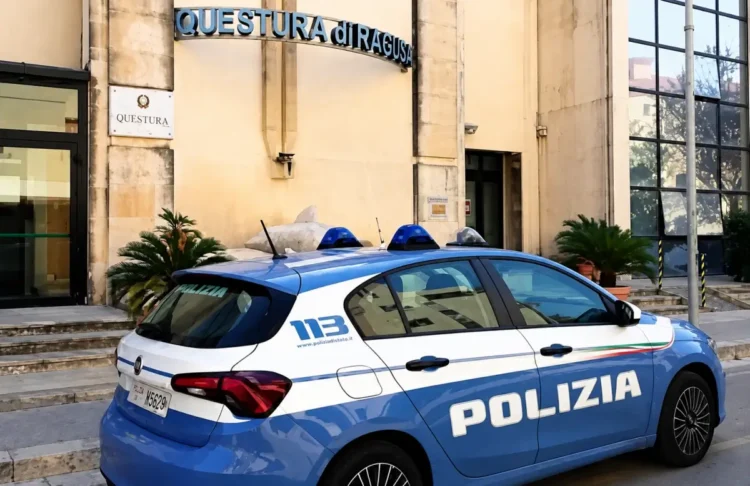 Auto della Polizia di Stato parcheggiata davanti alla Questura di Ragusa, sede da cui è stato emesso un Daspo fuori contesto nei confronti di un tifoso di Vittoria.