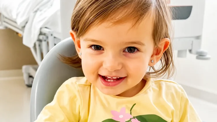 Bambina seduta in un ambiente medico, con un sorriso e una maglietta chiara, durante le cure.