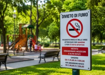 Cartello di divieto di fumo all'ingresso di un'area verde con parco giochi e panchine, a rappresentare la nuova ordinanza del Comune di Ragusa che vieta il fumo nelle aree dedicate ai bambini e allo sport