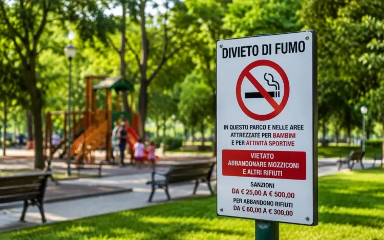 Cartello di divieto di fumo all'ingresso di un'area verde con parco giochi e panchine, a rappresentare la nuova ordinanza del Comune di Ragusa che vieta il fumo nelle aree dedicate ai bambini e allo sport