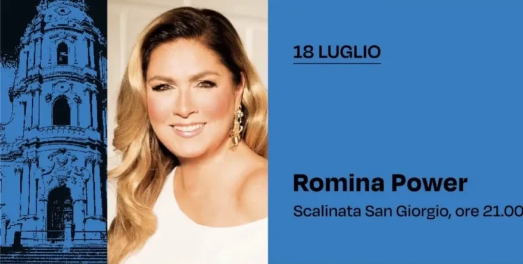 Locandina dell'evento con Romina Power al Festival Letterario Scenari di Modica, in programma il 18 luglio alle ore 21 sulla scalinata di San Giorgio