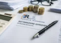 Documento sulla Rottamazione-quinquies con calcolatrice, penna e monete in euro su una scrivania, simbolo della definizione agevolata dei tributi locali