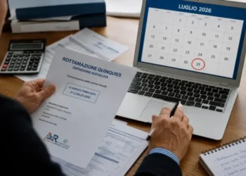 Persona alla scrivania con un documento sulla rottamazione quinquies e un computer che mostra il calendario di luglio 2026 con la data del 31 luglio evidenziata