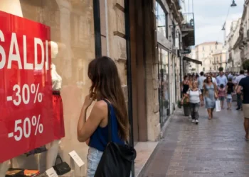 Clienti tra le vetrine durante l'avvio dei saldi estivi in un centro commerciale italiano