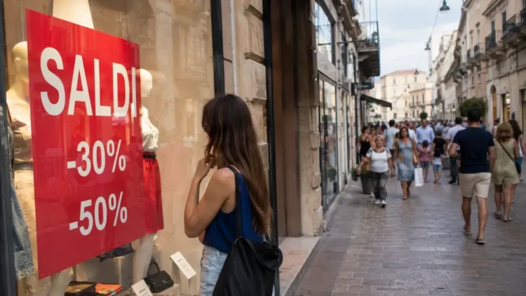 Clienti tra le vetrine durante l'avvio dei saldi estivi in un centro commerciale italiano
